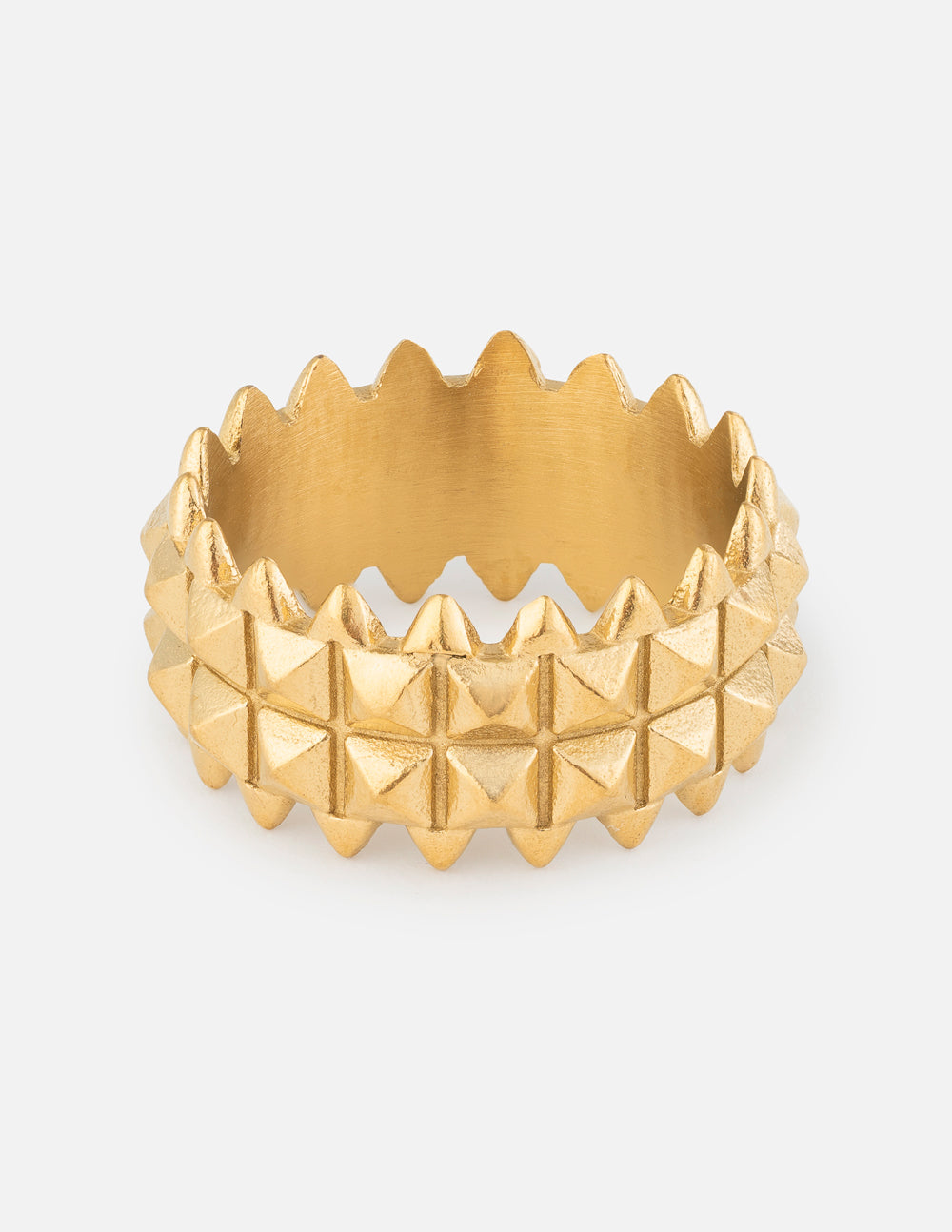 Polished gold-tone wide band Shield of Faith ring with modern geometric patterns.