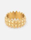 Polished gold-tone wide band Shield of Faith ring with modern geometric patterns.