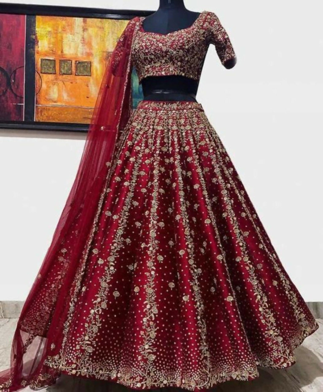 Classy Maroon Silk Lehenga with sequins and thread work
