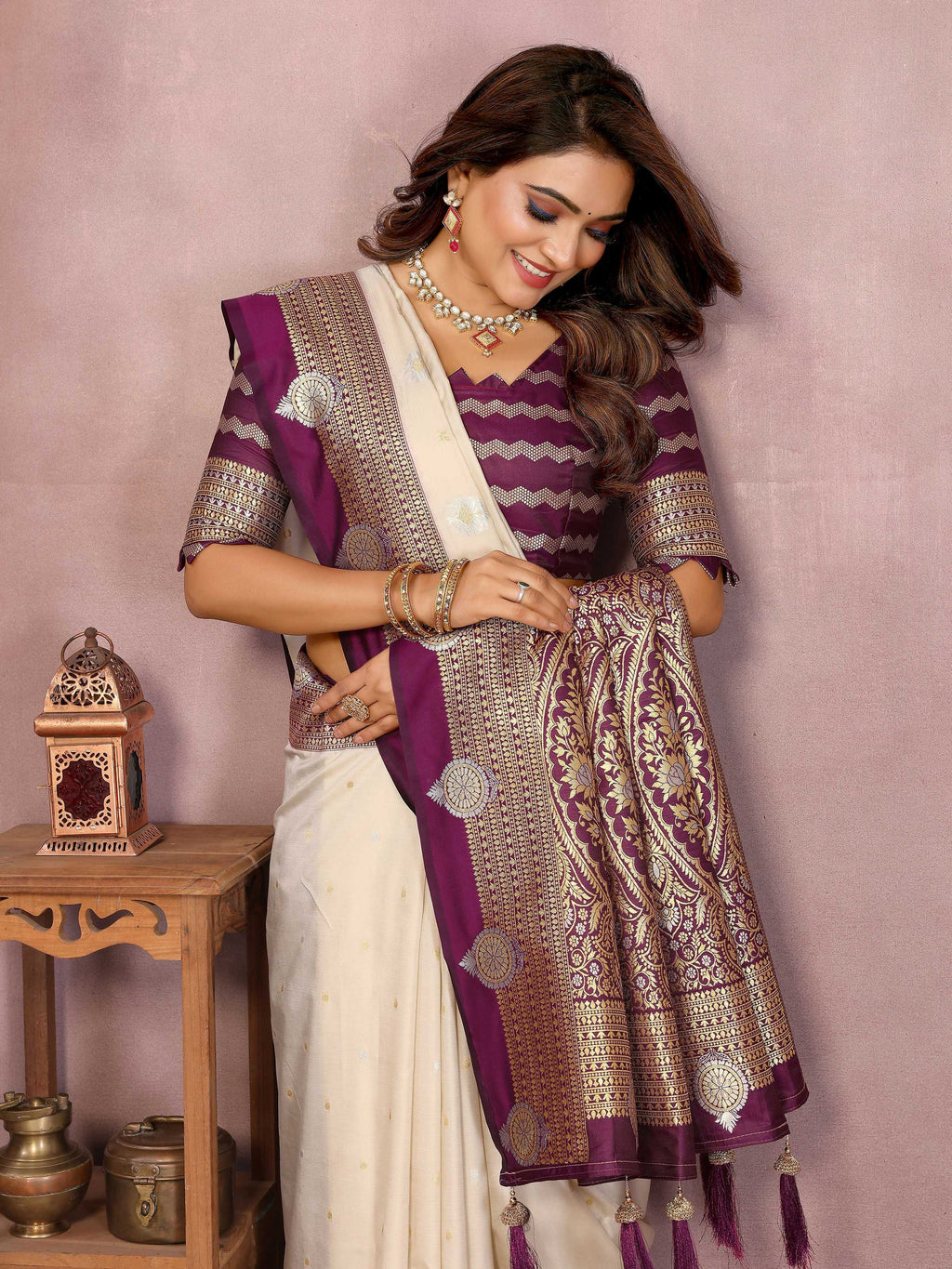 Cream Silk Weaving Saree - Elegant Traditional Drapes