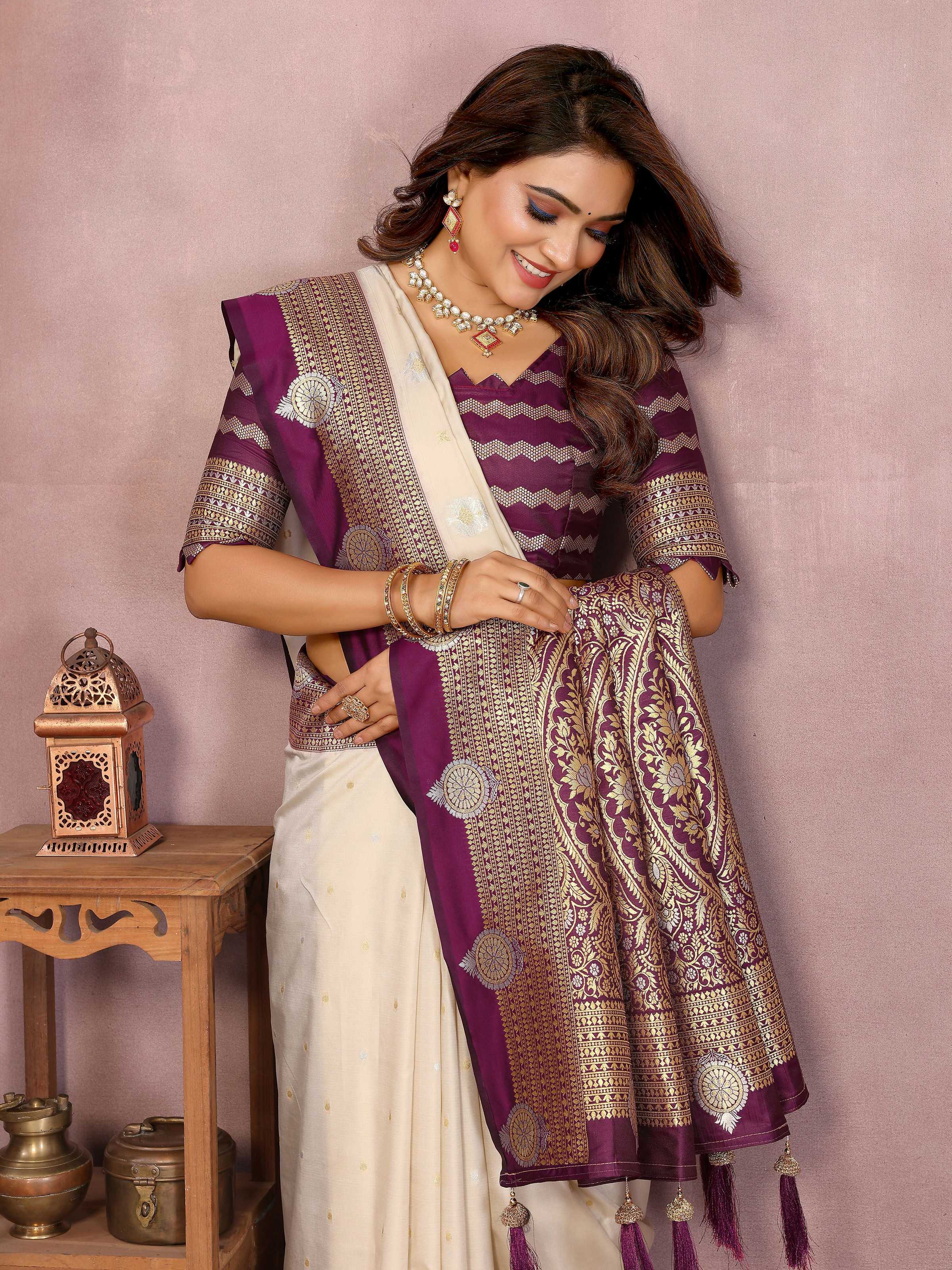 Cream Silk Weaving Saree - Elegant Traditional Drapes