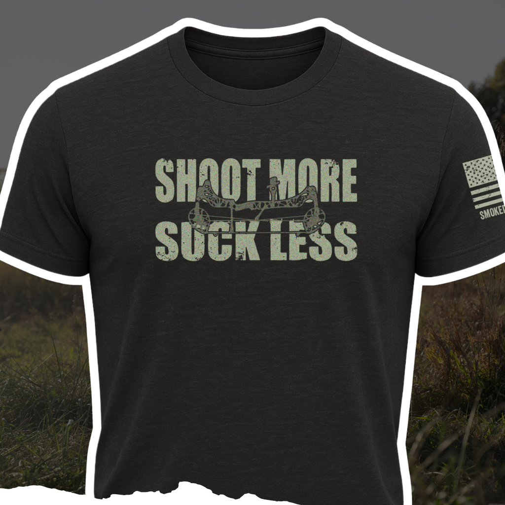 Shoot More Suck Less graphic tee in black or olive