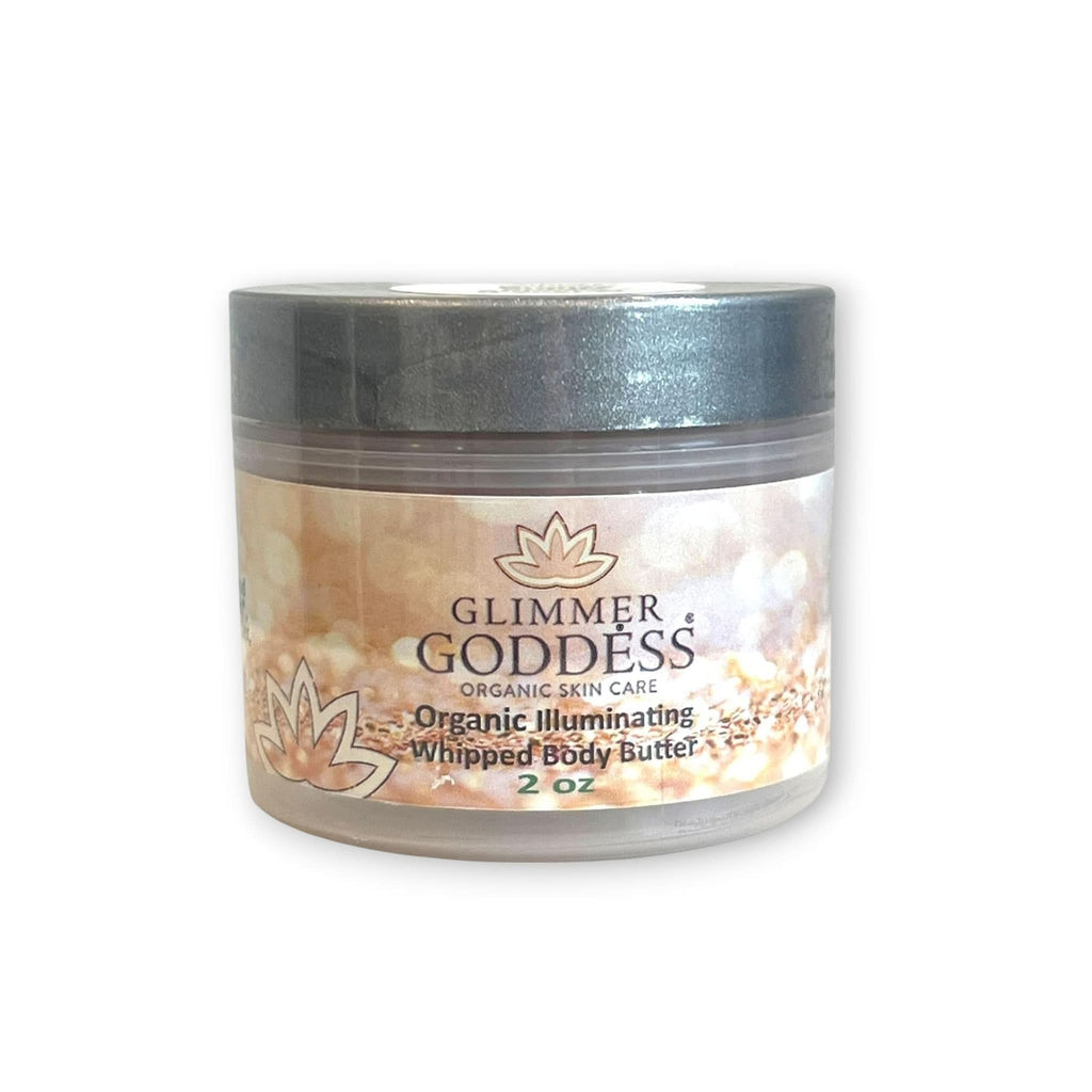 Glimmer Goddess organic whipped body butter with subtle gold shimmer in a jar