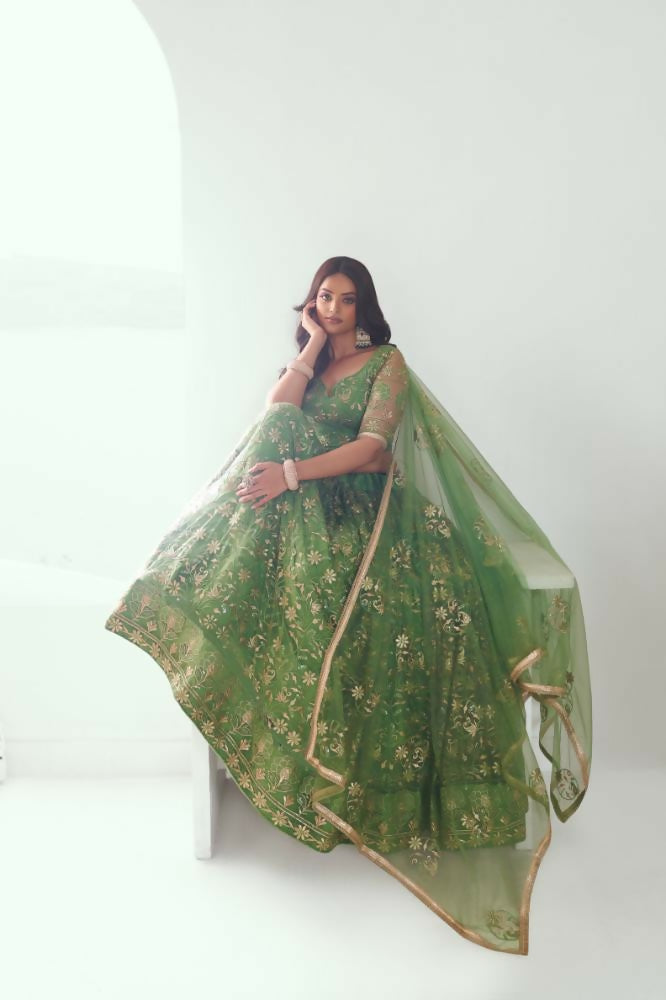 Pista Green Butterfly Net Lehenga Choli With Thread & Sequence Work