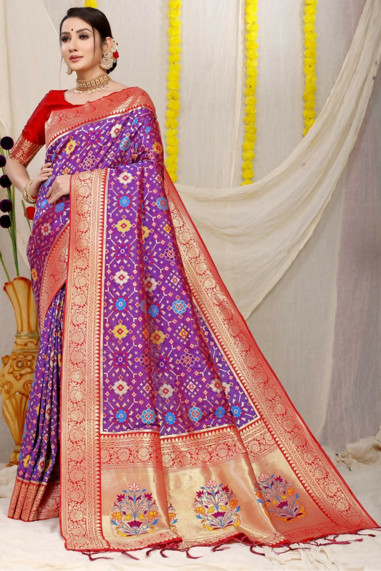 Purple Patola silk saree with zari woven motifs and a red blouse piece.
