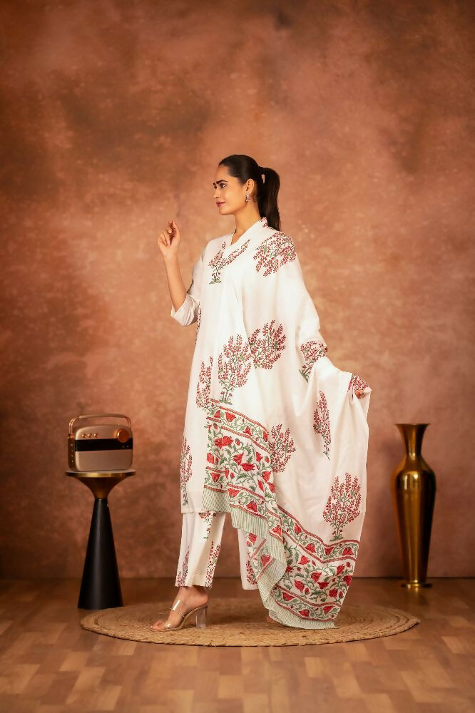 Off White Pink Hand Block Printed Cotton Suit Set