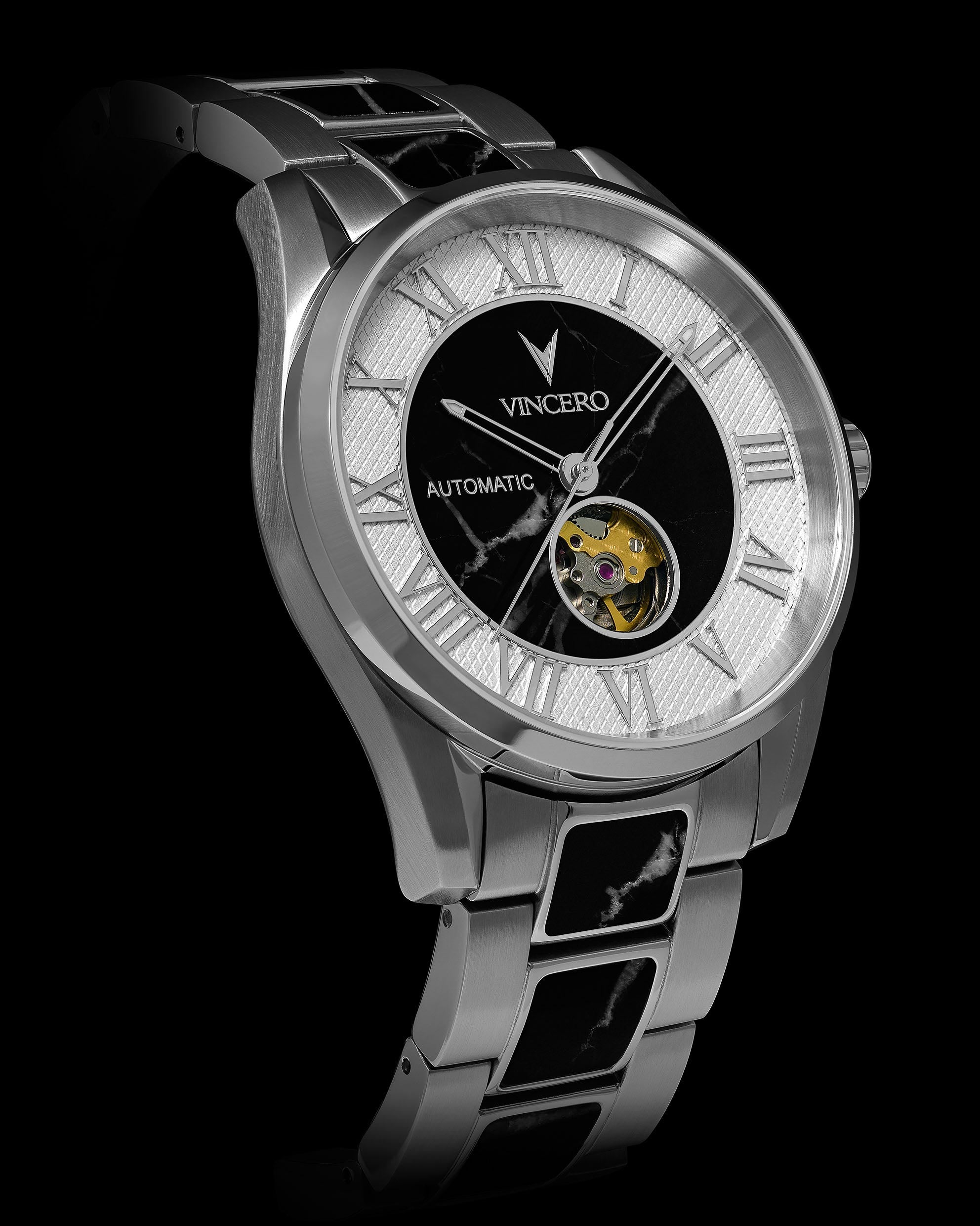 Marble Automatic Watch: Silver Nero 43mm Case