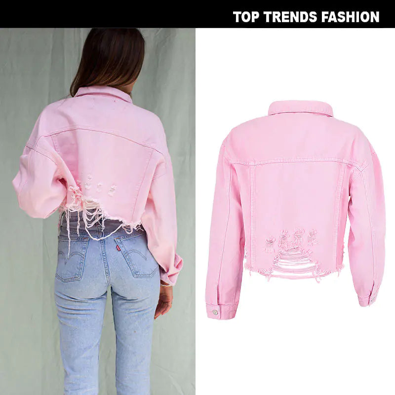 Women's Cropped Distressed Denim Jacket in Ghost Pink - Image 6