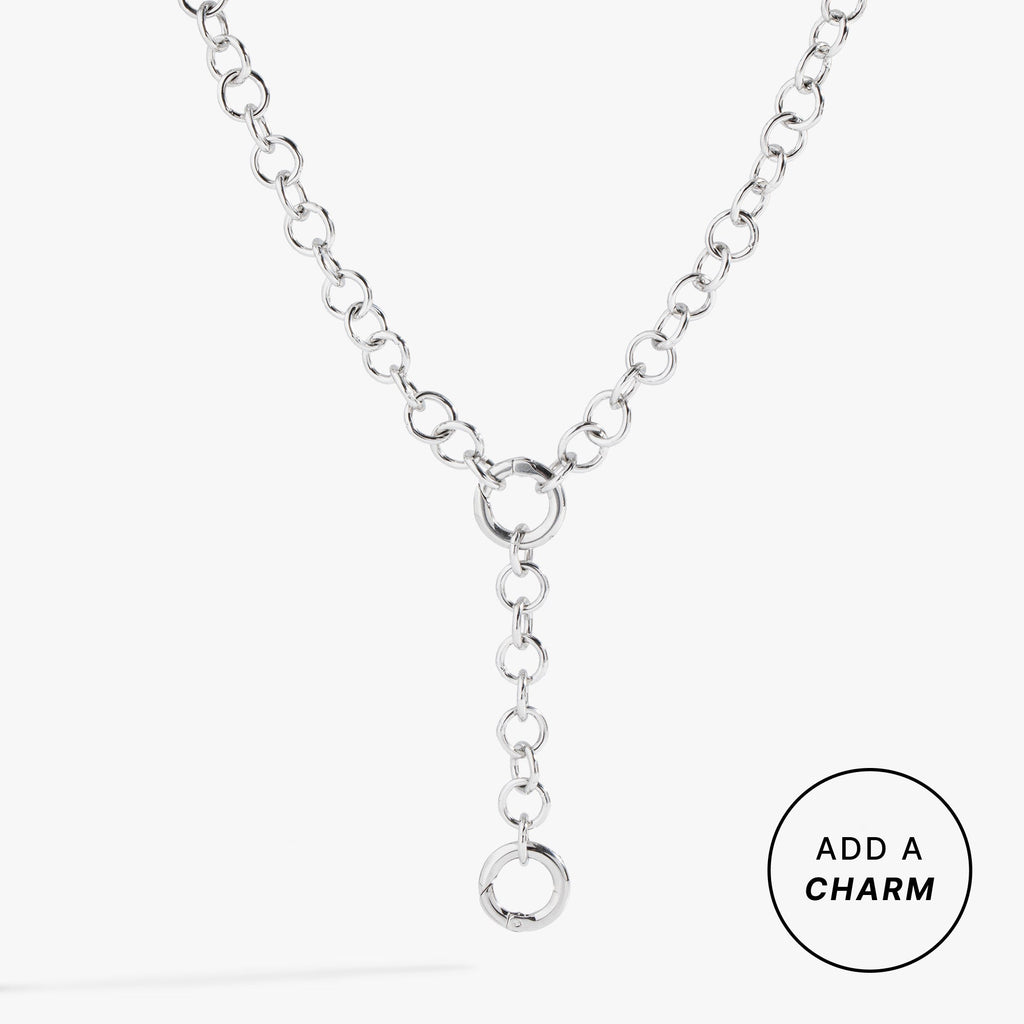 Convertible Y necklace base in gold and silver finish with open chain links for charms
