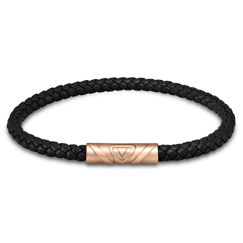 The Delta Single bracelet featuring black Italian leather and a rose gold magnetic clasp.