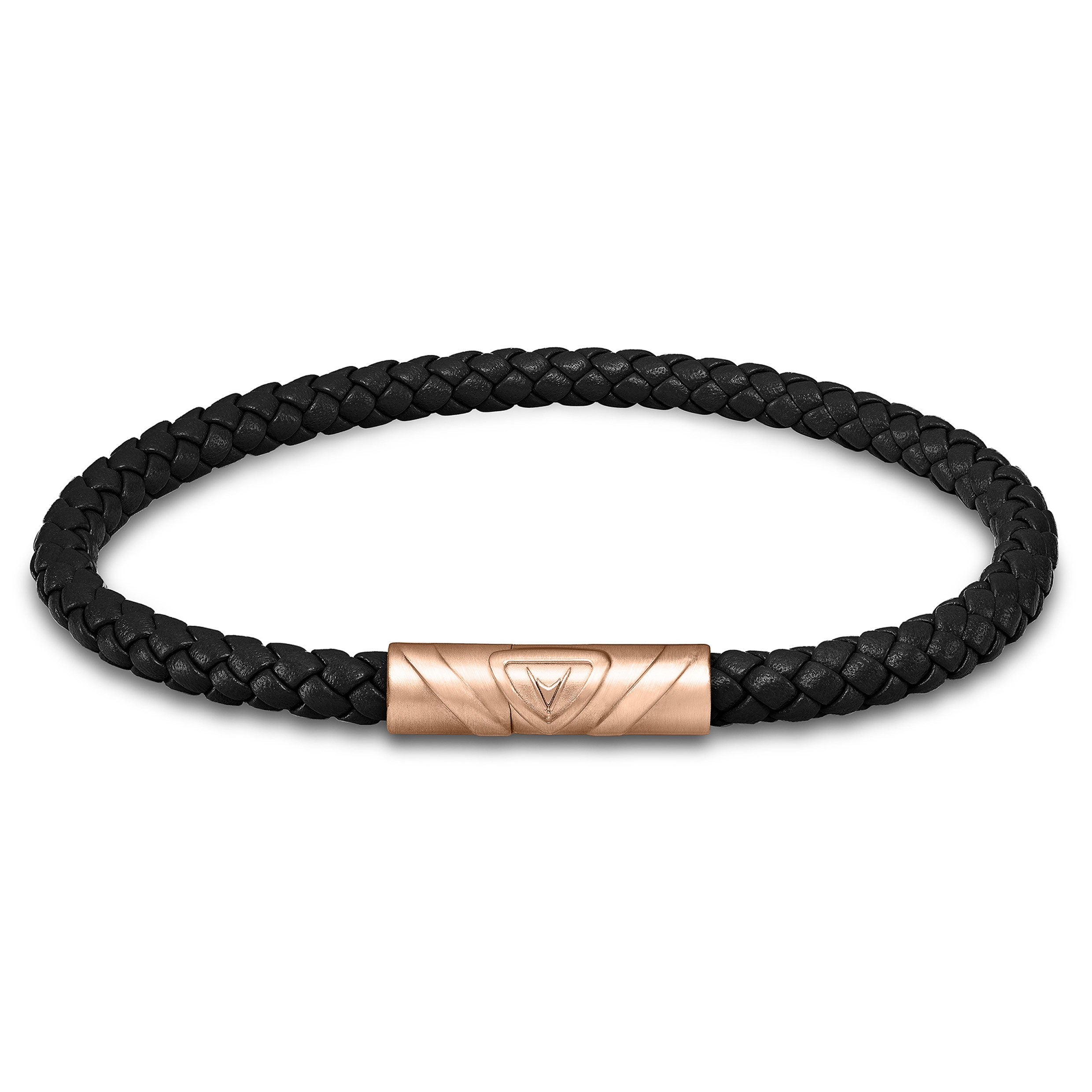 The Delta Single bracelet featuring black Italian leather and a rose gold magnetic clasp.