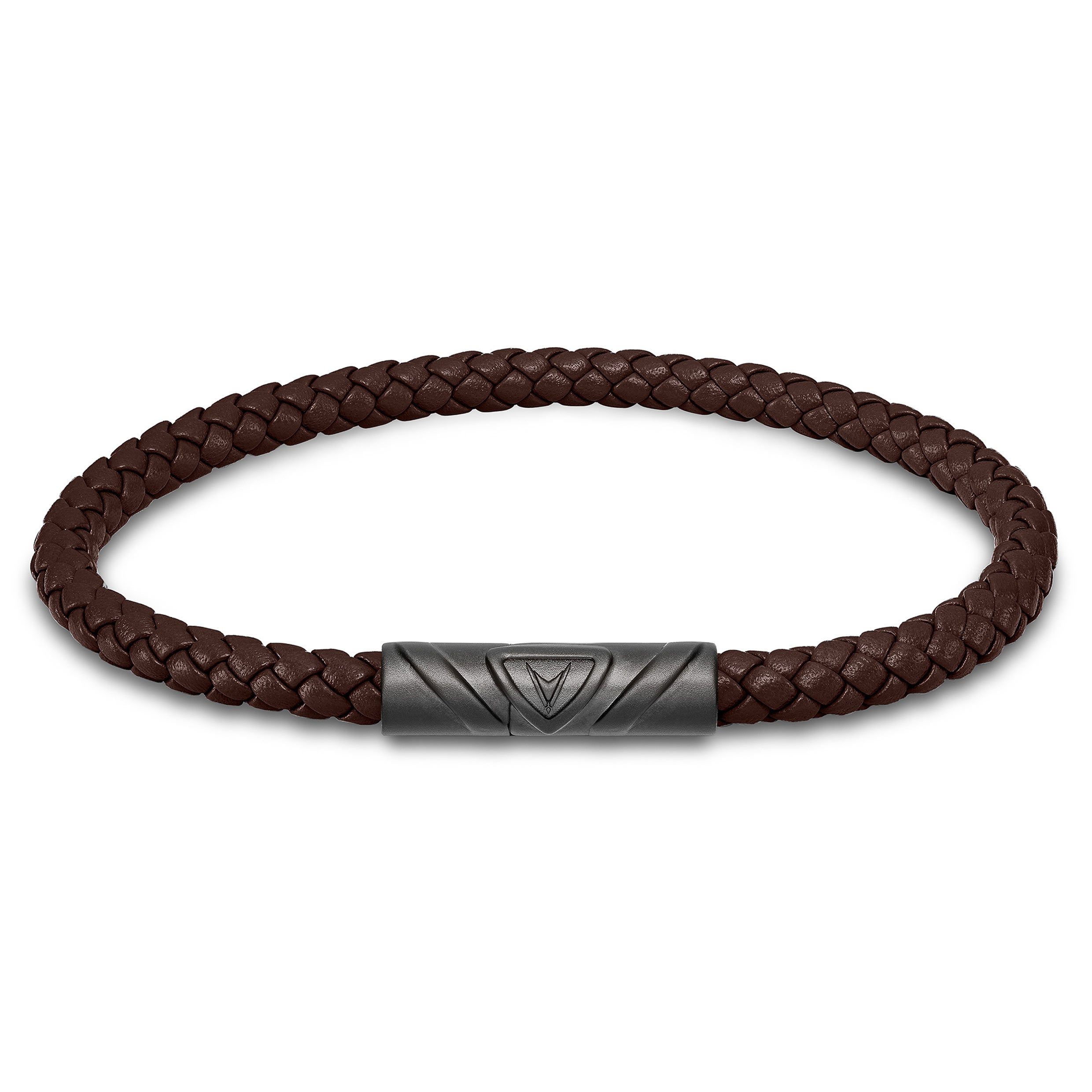 The Delta Single bracelet in Mocha leather with a Gunmetal magnetic clasp