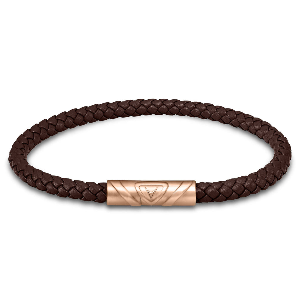 The Delta Single leather bracelet in mocha with a rose gold magnetic clasp.