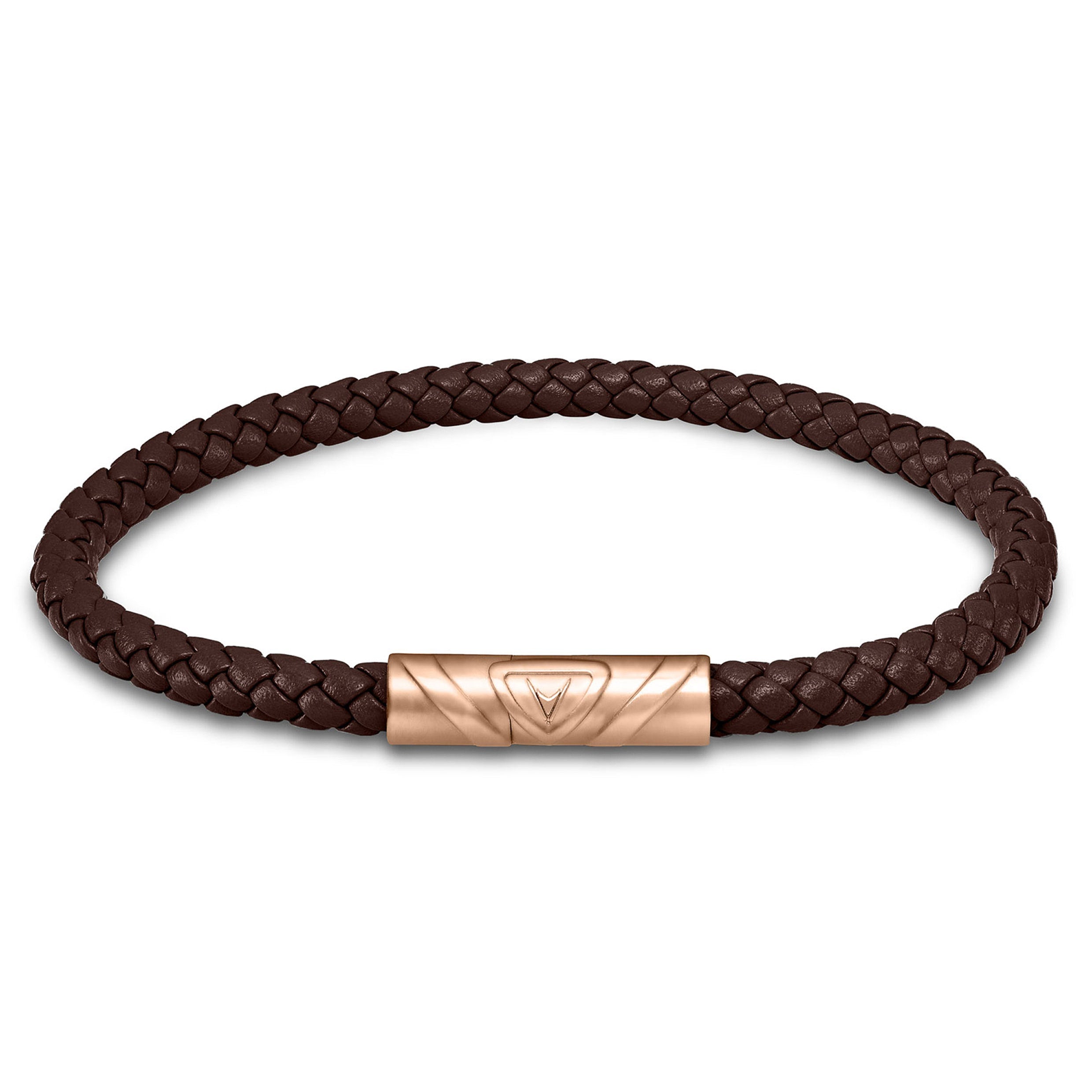 The Delta Single leather bracelet in mocha with a rose gold magnetic clasp.