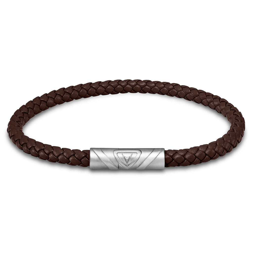 The Delta Single leather bracelet in mocha with a silver magnetic clasp on a white background.