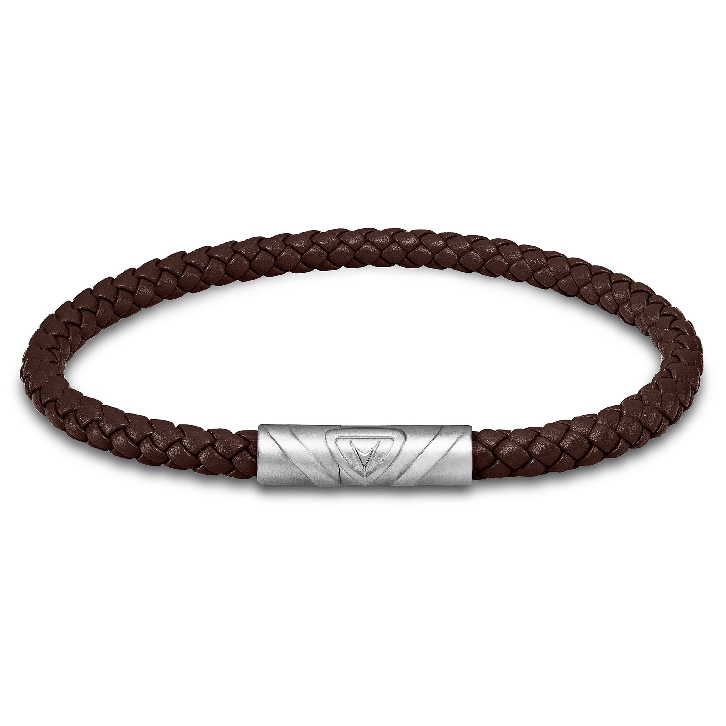 The Delta Single leather bracelet in mocha with a silver magnetic clasp on a white background.