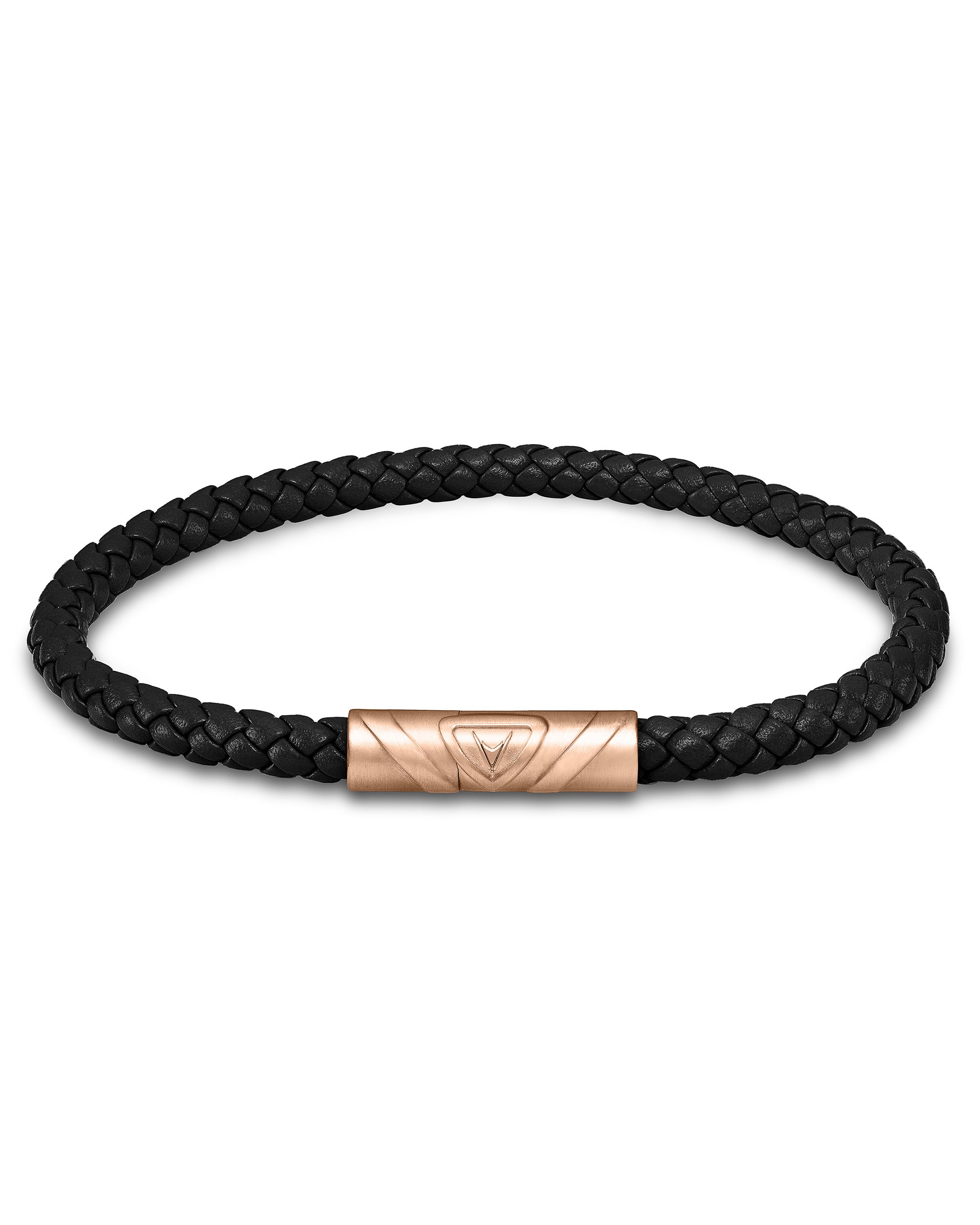 The Delta Single Leather Bracelet in Black and Rose Gold