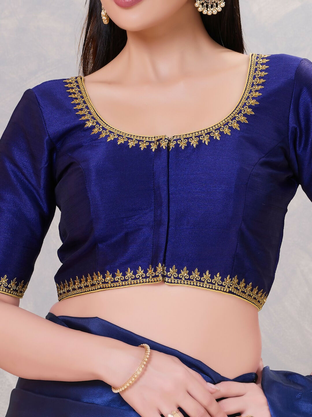 Navy-Blue Silk Stitched Blouse with Embroidery