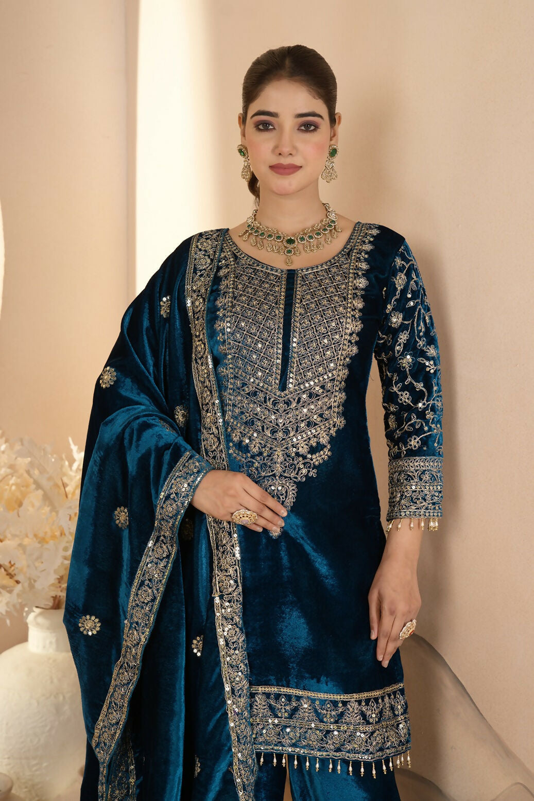 Blue Velvet Kurta Set with Shimmering Sequence Embroidery