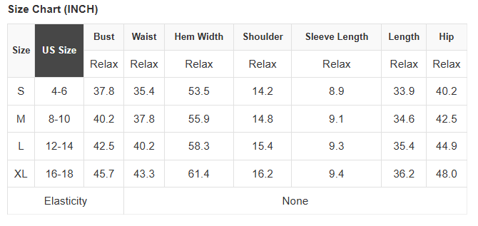 Size chart for clothing measurements in inches with US size labels.