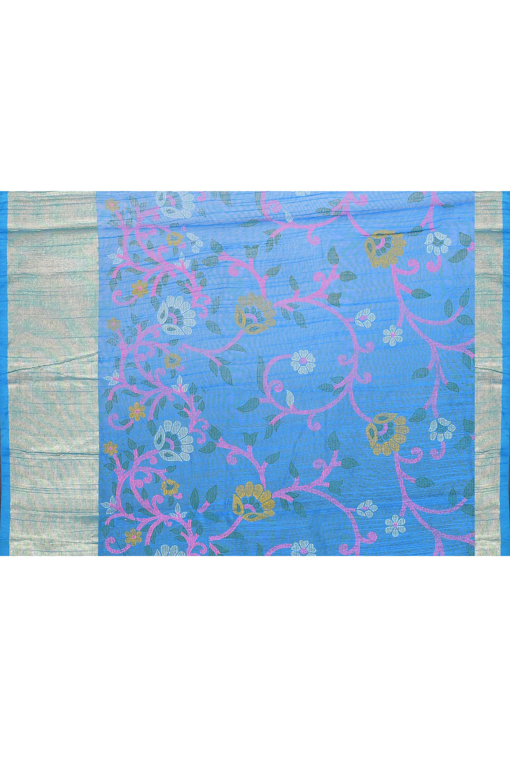 Sky Blue Printed Saree with Embellished Cotton Blend Fabric