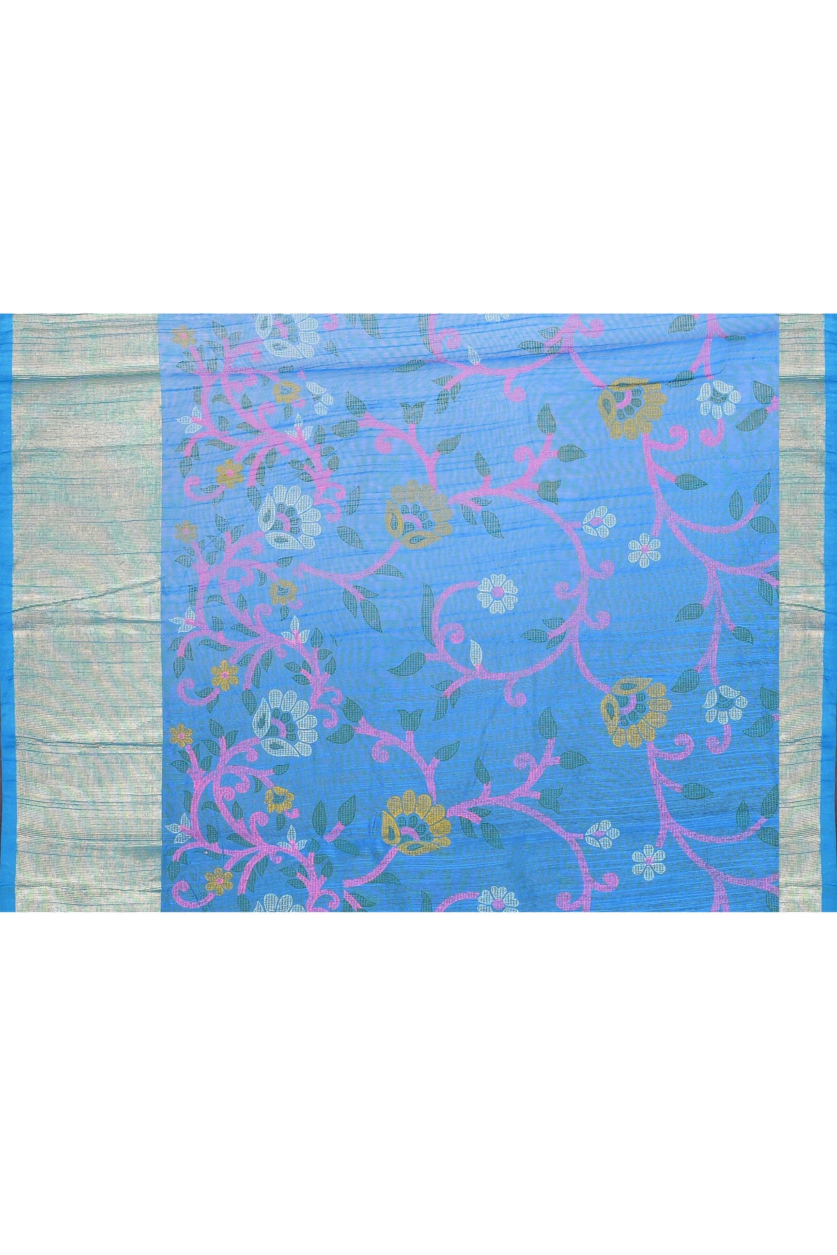 Sky Blue Printed Saree with Embellished Cotton Blend Fabric