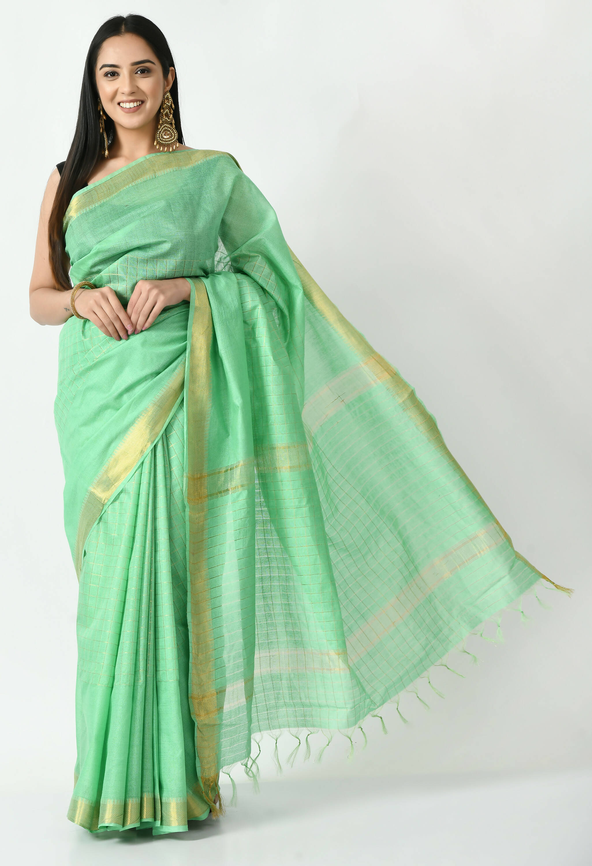 Sea Green Bhagalpuri Handloom Silk Raj Shree Saree with golden accents and unstitched blouse piece