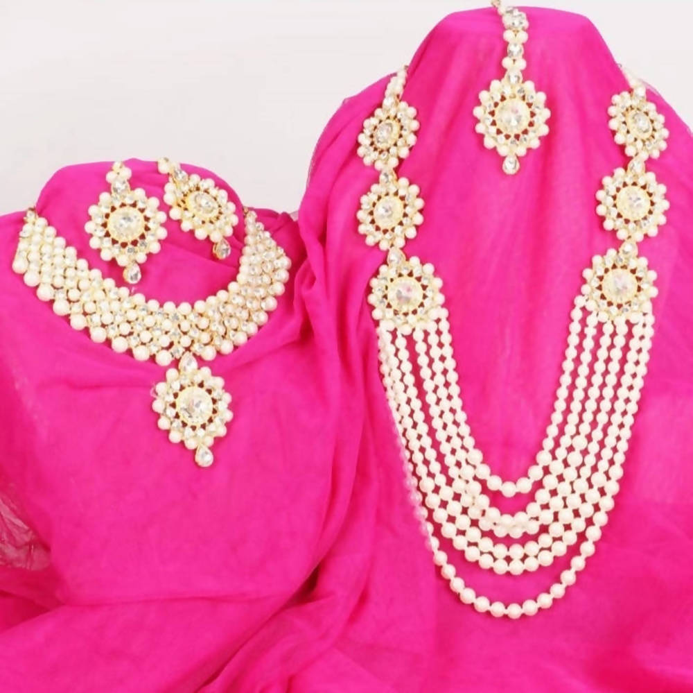 Gold-Polished Stone and Pearl Statement Necklace Combo Set