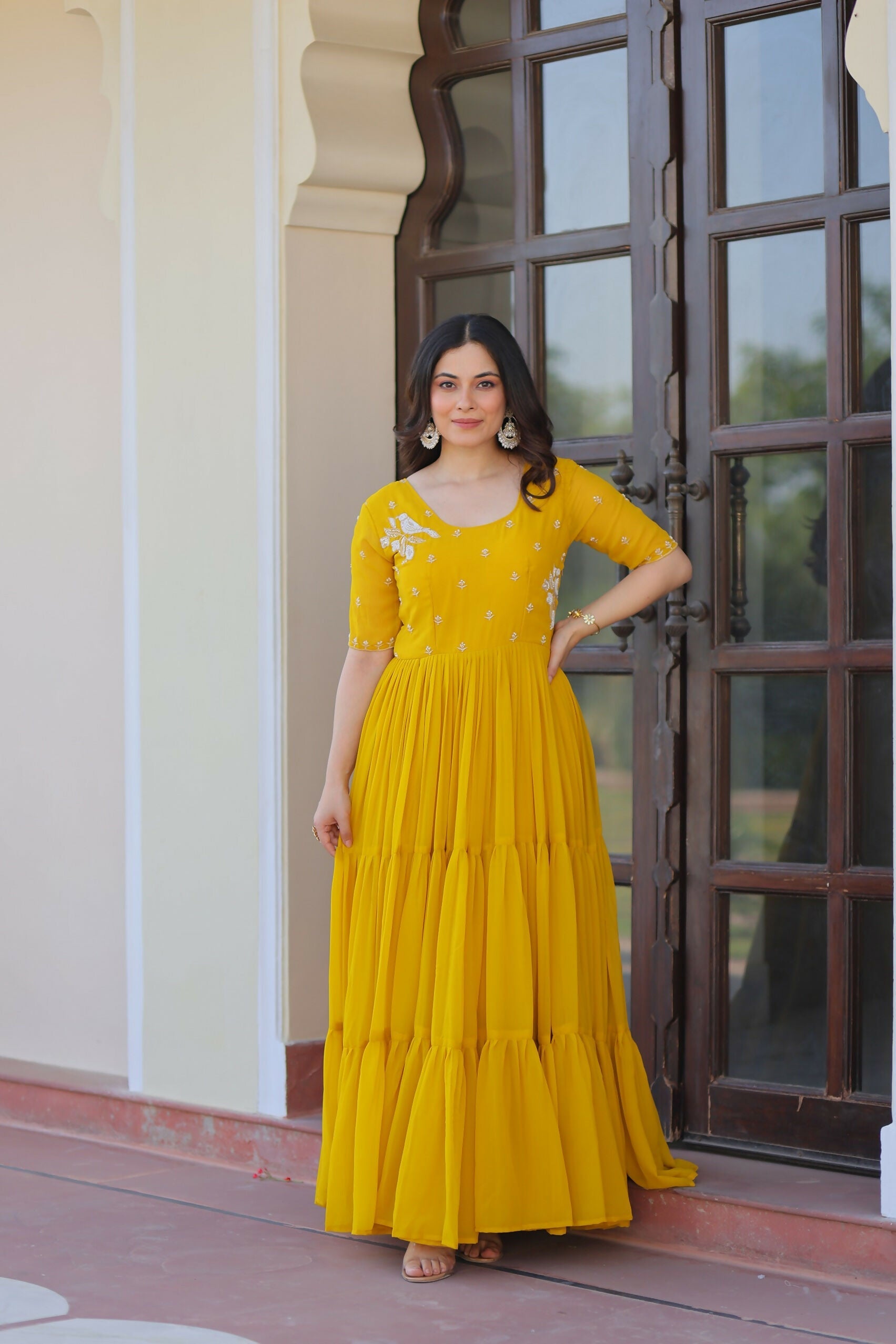Joban Fashion Yellow Georgette Sequence Embroidery Work Gown