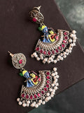 Hand painted Radha Krishna motif on rustic oxidized brass dangle earrings