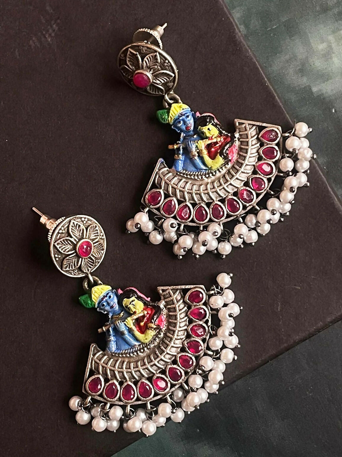 Hand painted Radha Krishna motif on rustic oxidized brass dangle earrings