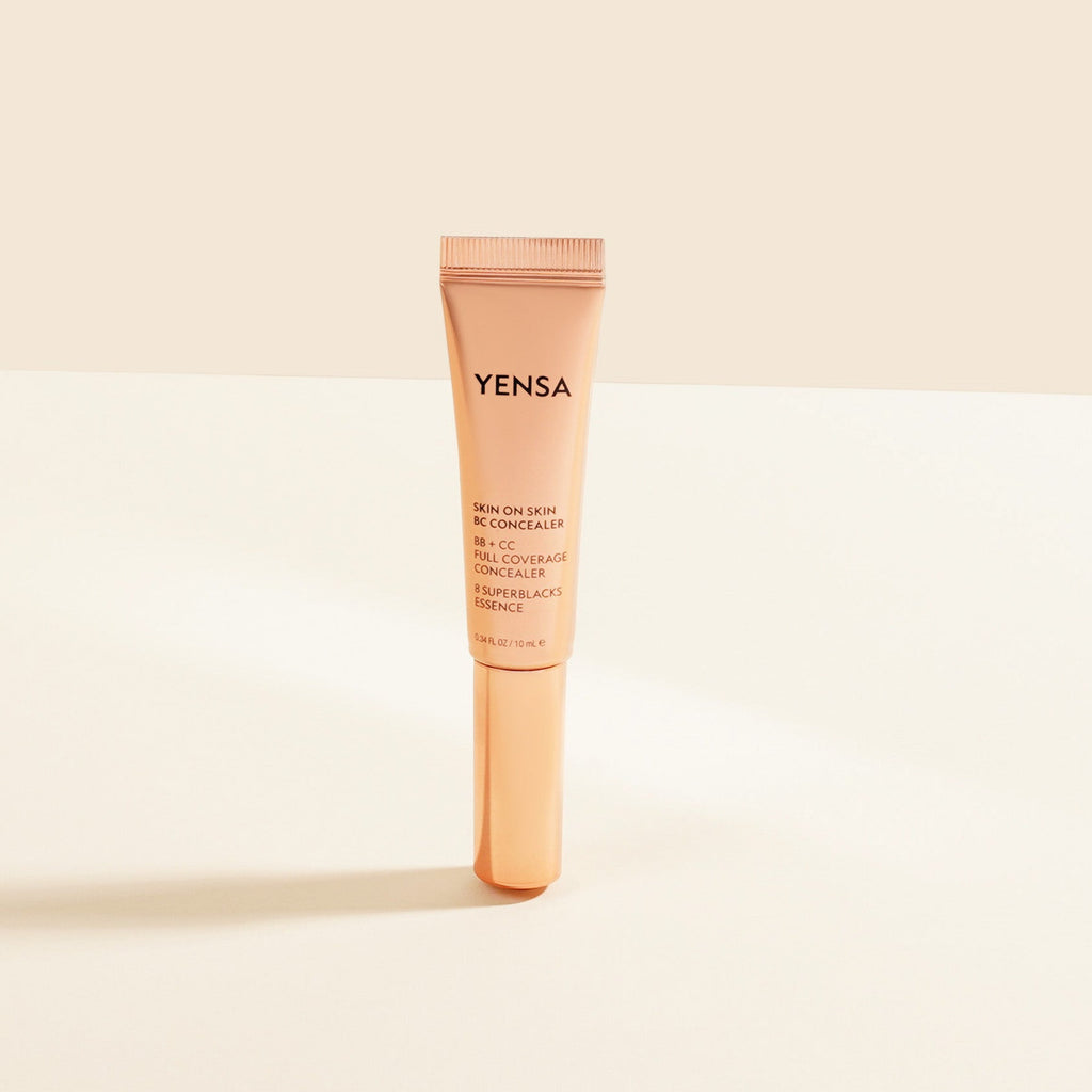Yensa Skin On Skin BB CC Full Coverage Hyaluronic Serum Concealer tube and product texture swatch.