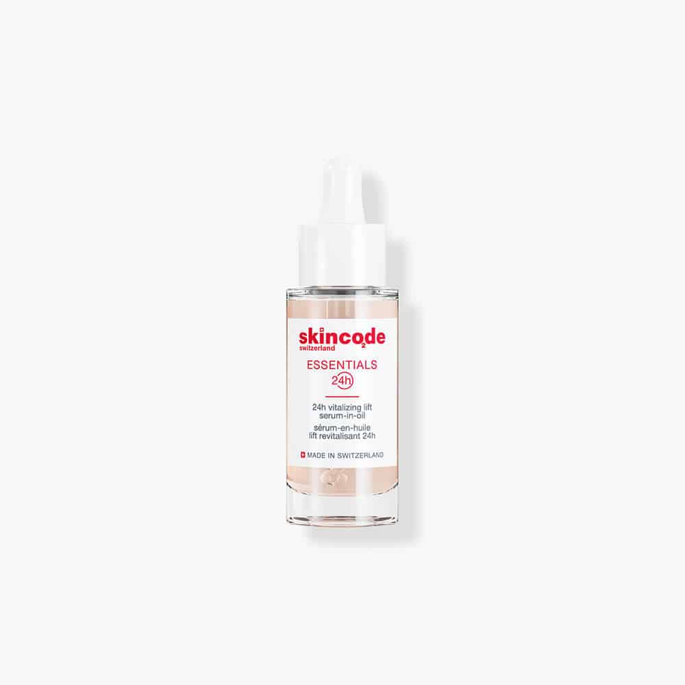 Skincode 24h Vitalizing Lift Serum-in-Oil in transparent and pale-pink packaging 28ML