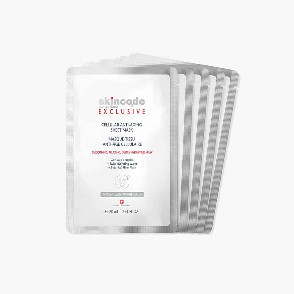 Skincode Cellular Anti-Aging Sheet Mask 5-pack in white and silver packaging