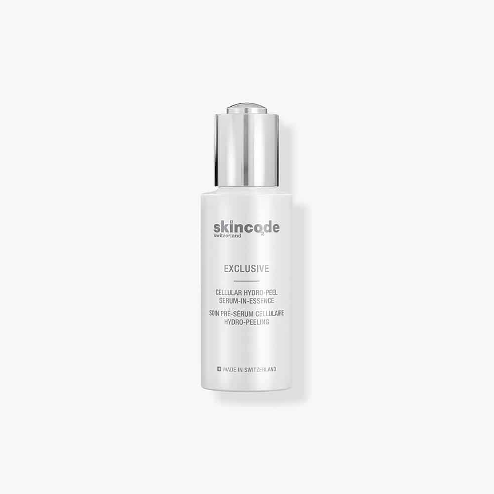 Skincode Cellular Hydro-Peel Serum-in-Essence bottle in white and silver packaging