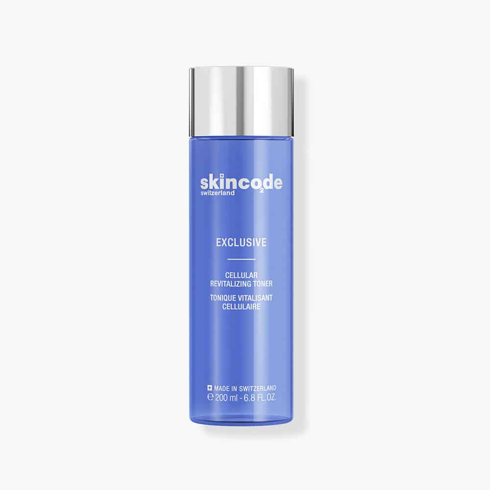 Skincode Exclusive Cellular Revitalizing Toner bottle in blue and silver.