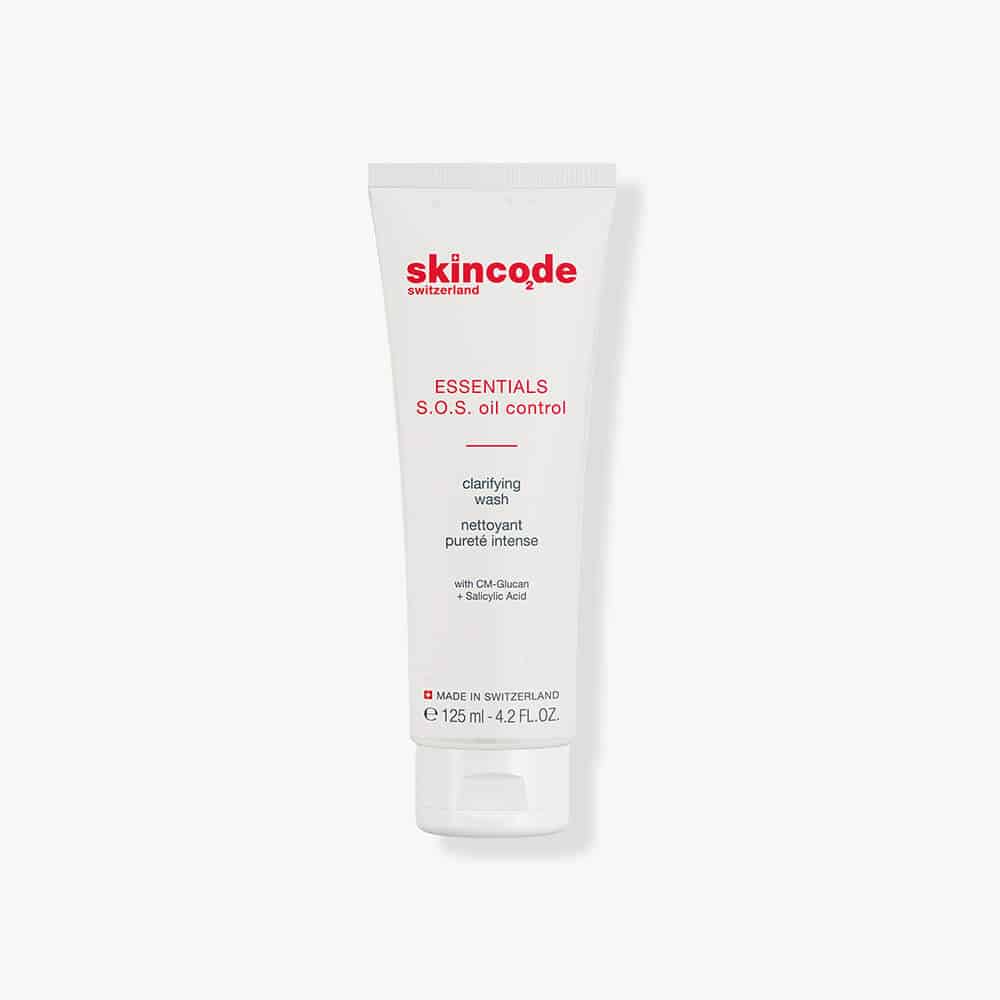 Skincode S.O.S. Oil Control Clarifying Wash 125ml bottle in clinical white and red design