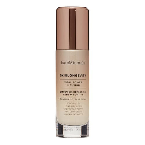 bareMinerals Skinlongevity Vital Power Infusion serum bottle in beige and bronze packaging
