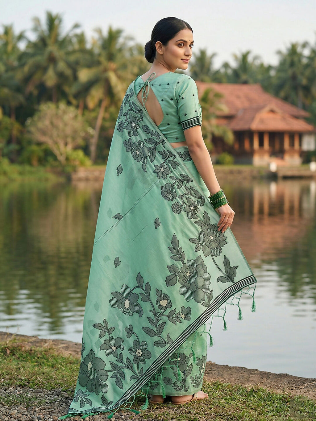 Rama Green Linen Cotton Saree with Matching Blouse Piece