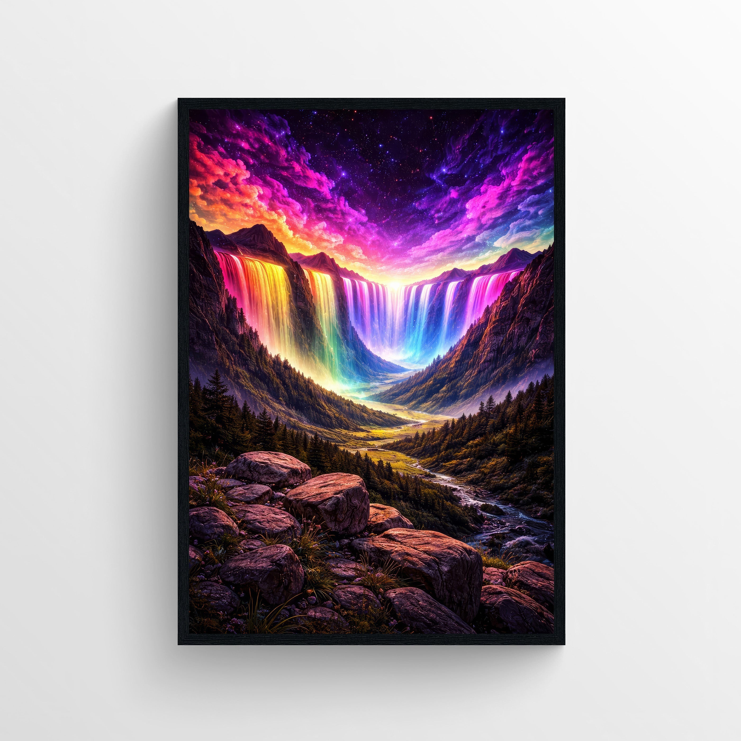 Sky Spill Trippy Poster featuring cascading rainbow waterfalls, neon cosmic sky, and valley landscape.