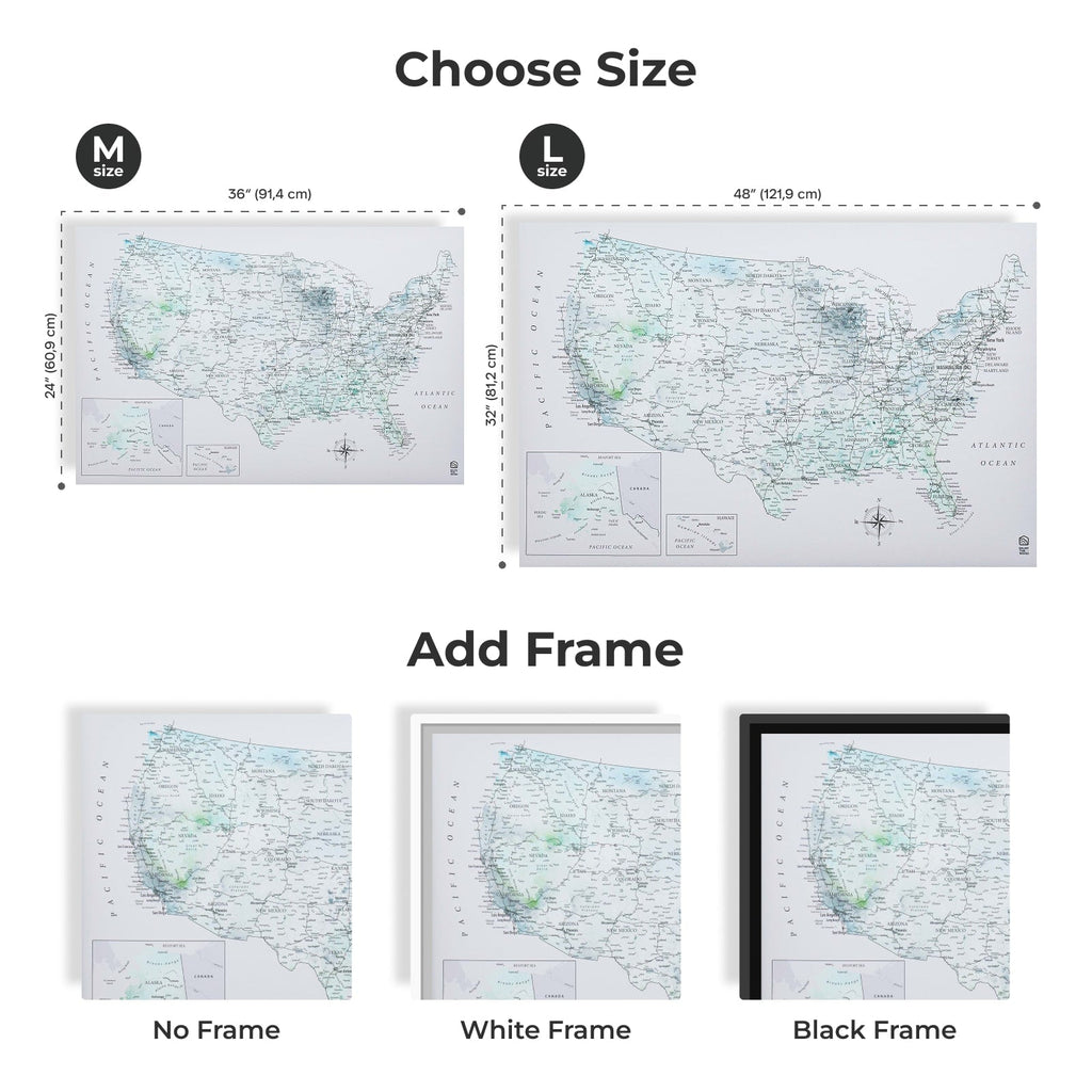 Sky Blue Wooden USA Map Canvas Travel Tracker Wall Art