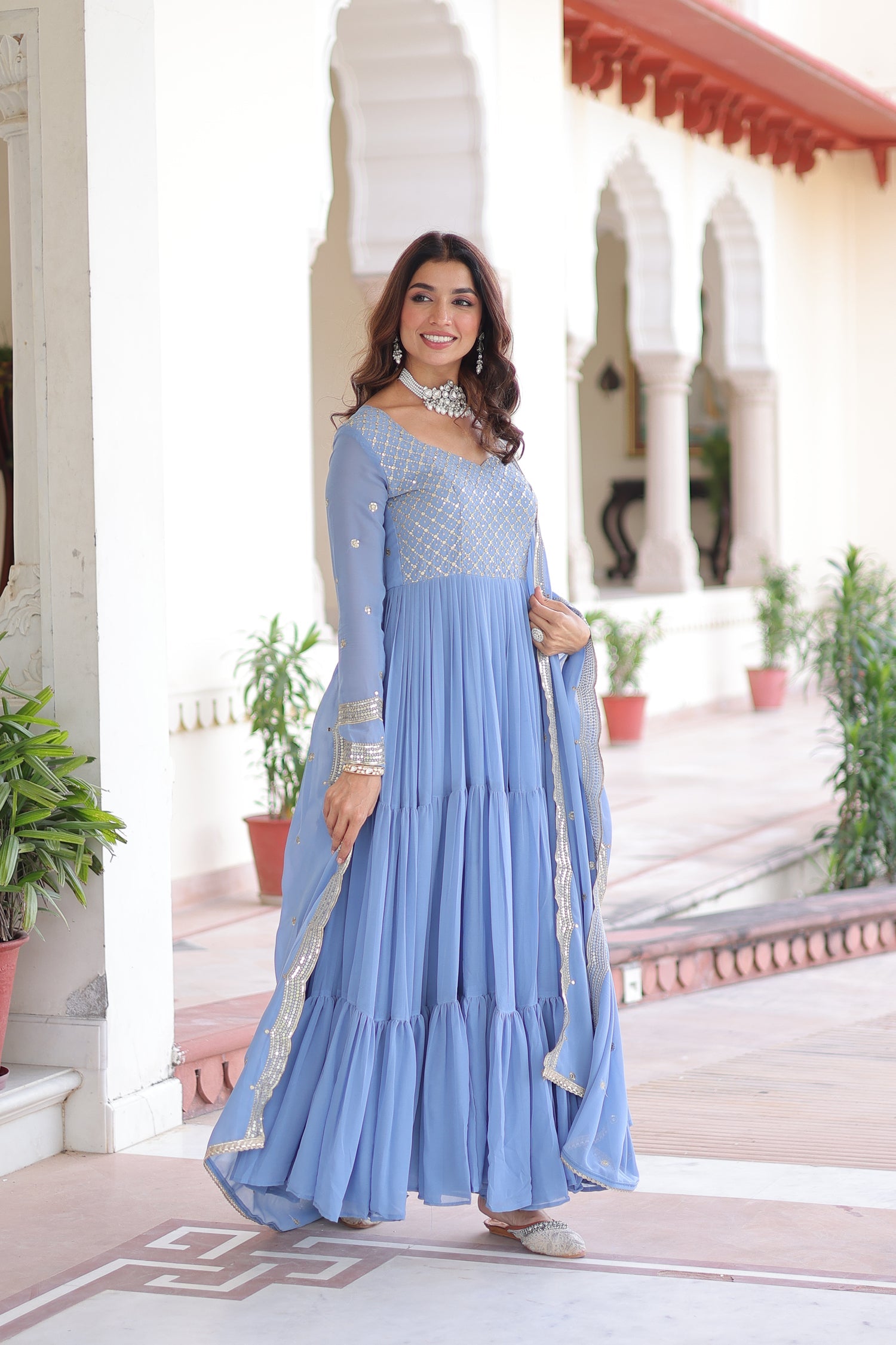 Skyblue Georgette Anarkali Gown with Zari and Sequins