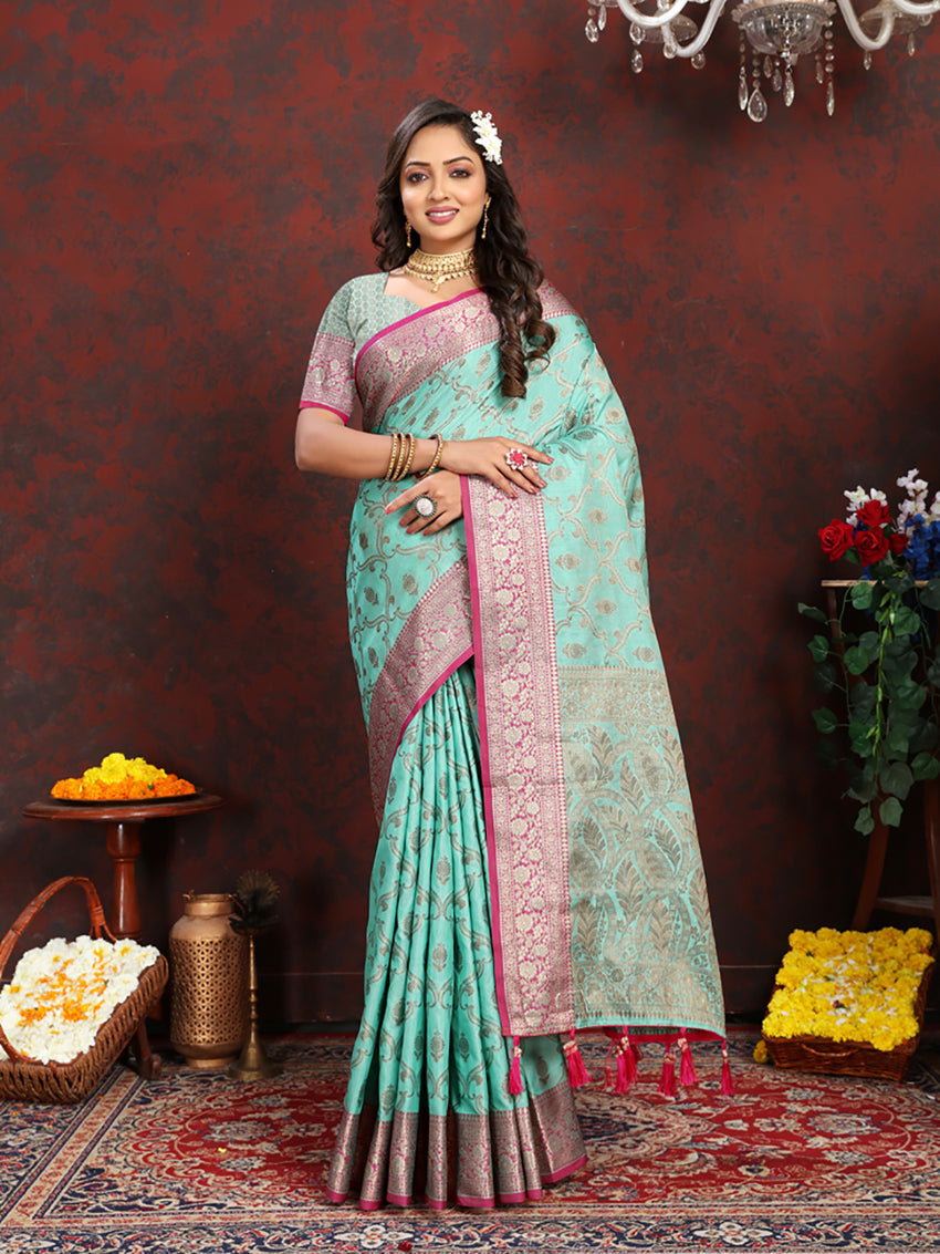 Skyblue soft Katan silk saree with rich zari woven pallu