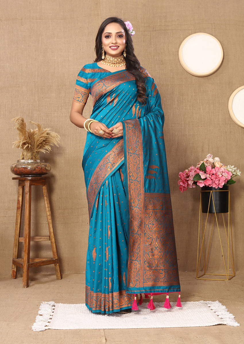 Sky Blue Soft Silk Saree with Copper Zari Weaving Design