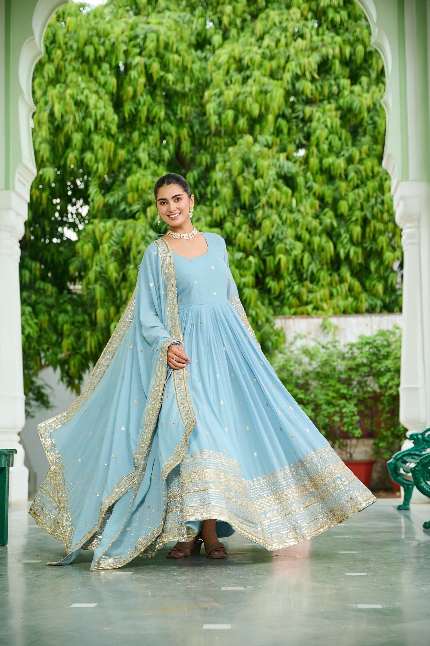 Skyblue Faux Georgette Anarkali Gown with Embroidered Work