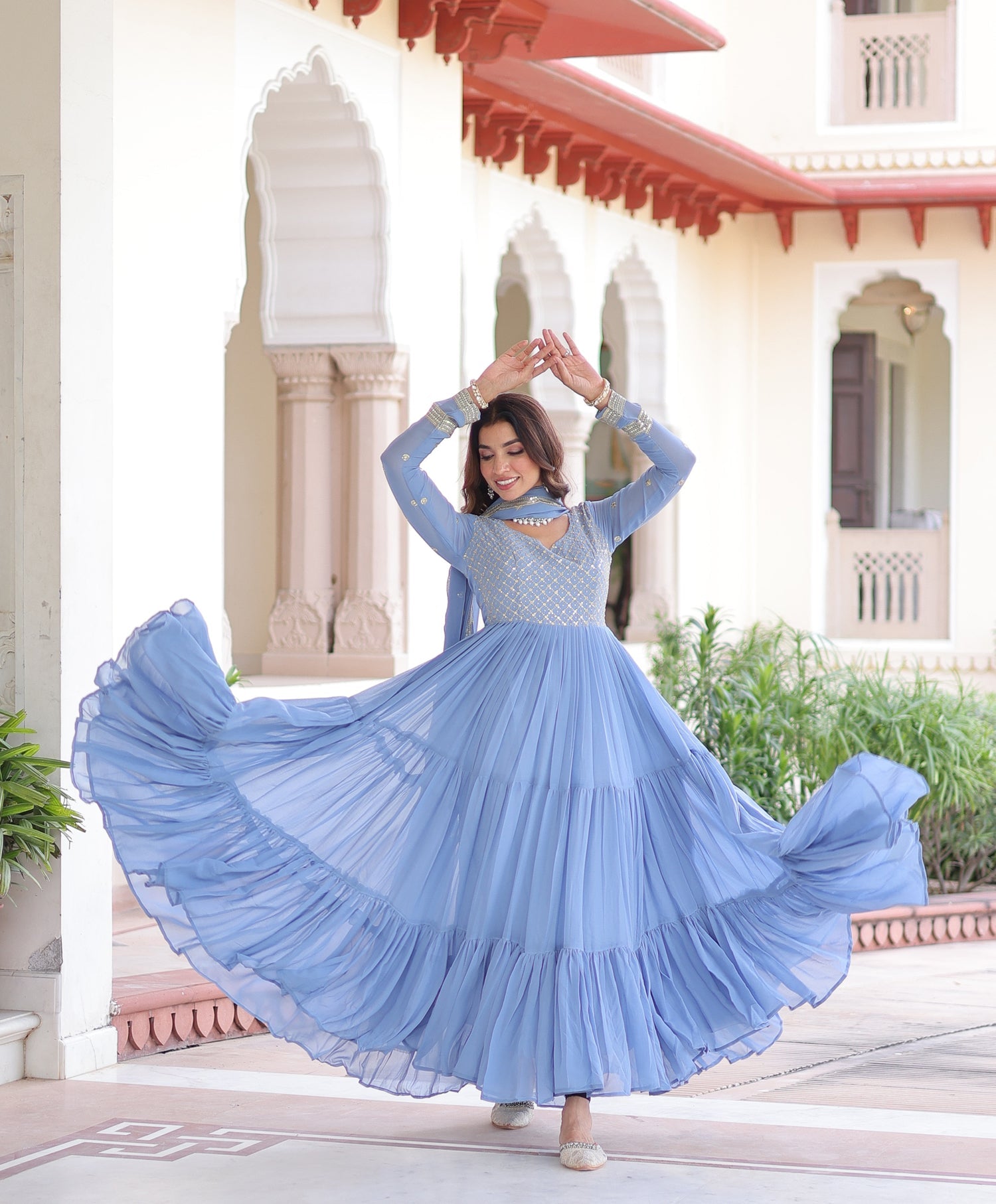 Skyblue Georgette Anarkali Gown with Zari and Sequins
