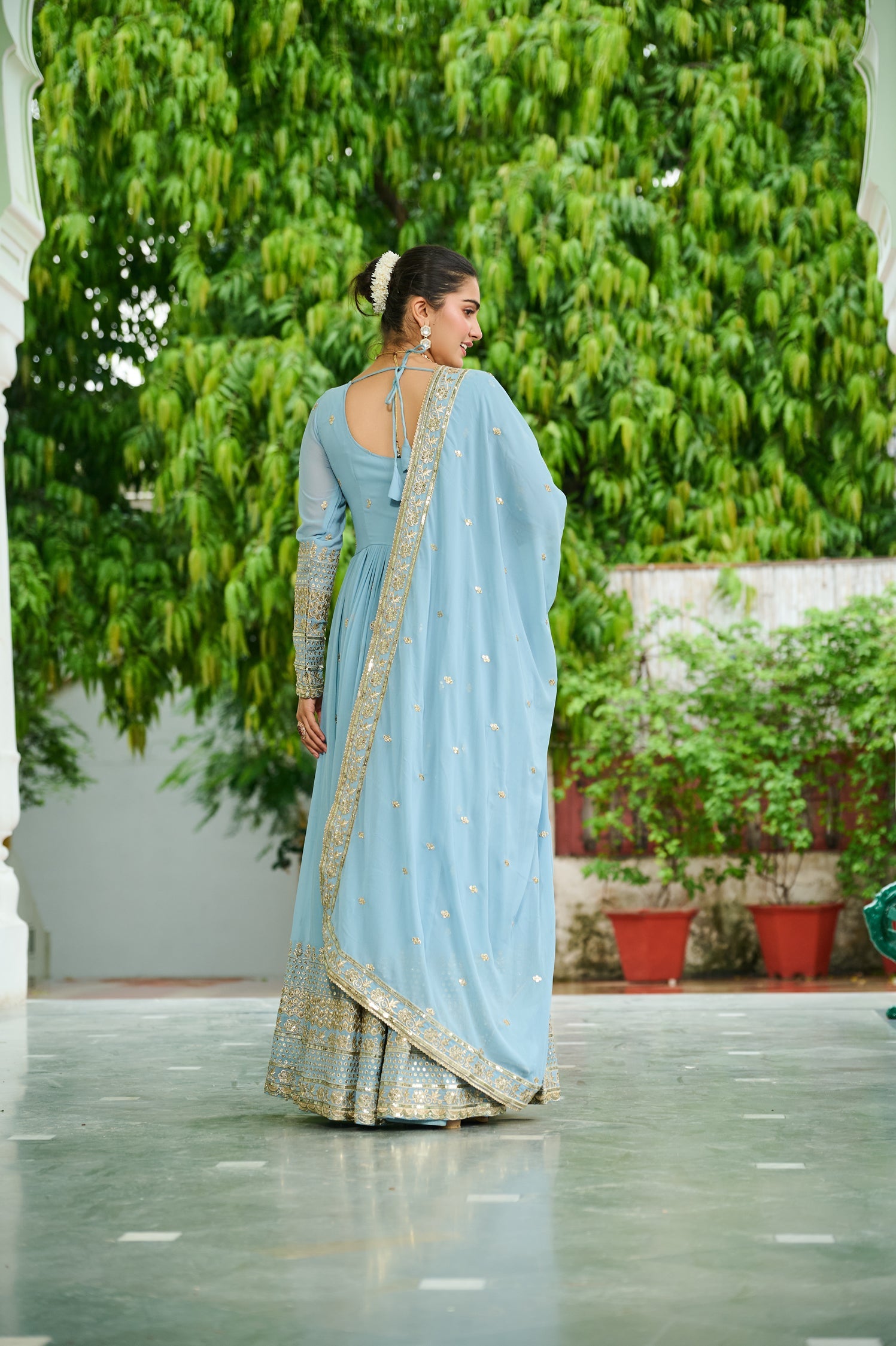Skyblue Faux Georgette Anarkali Gown with Embroidered Work