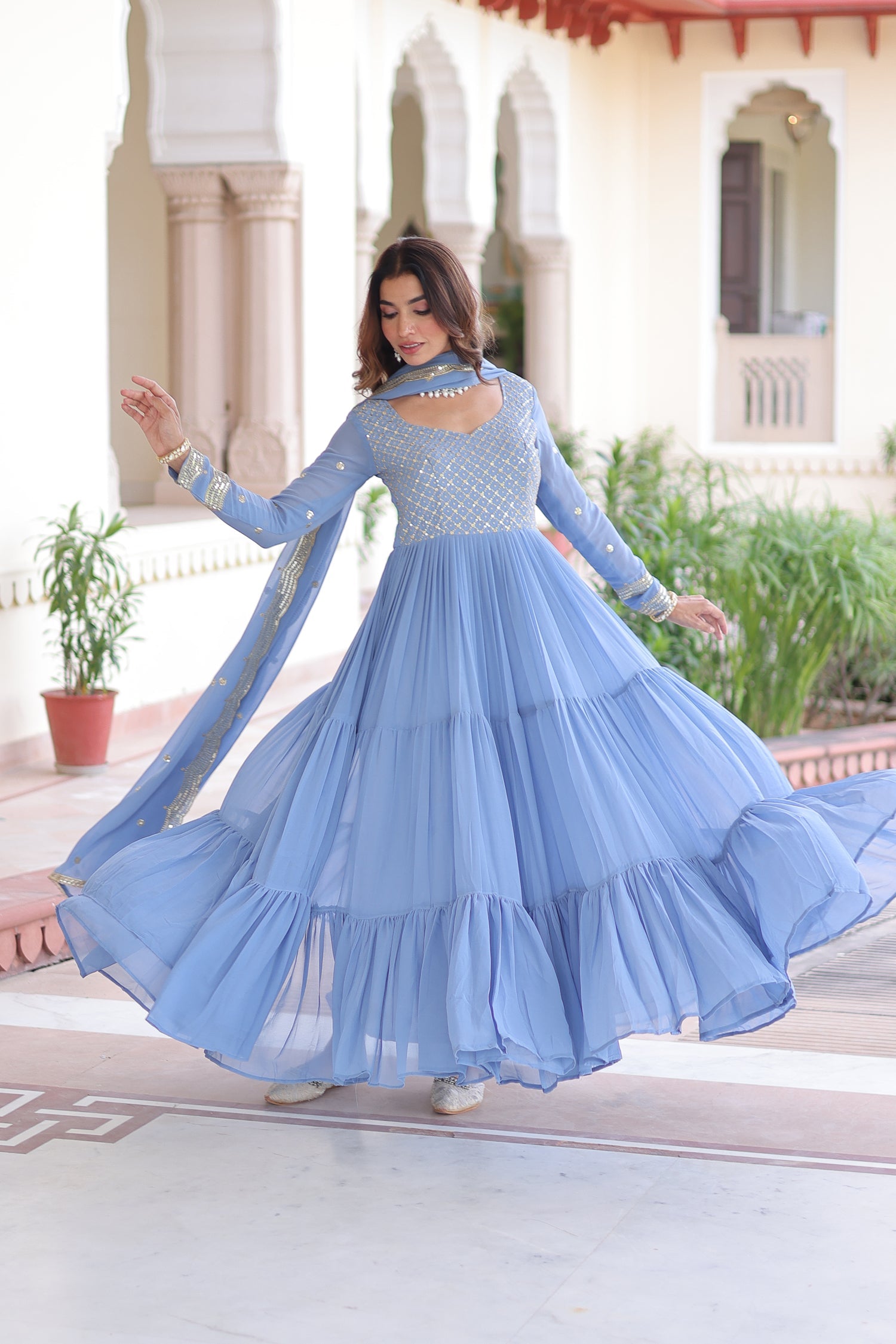 Skyblue Georgette Anarkali Gown with Zari and Sequins