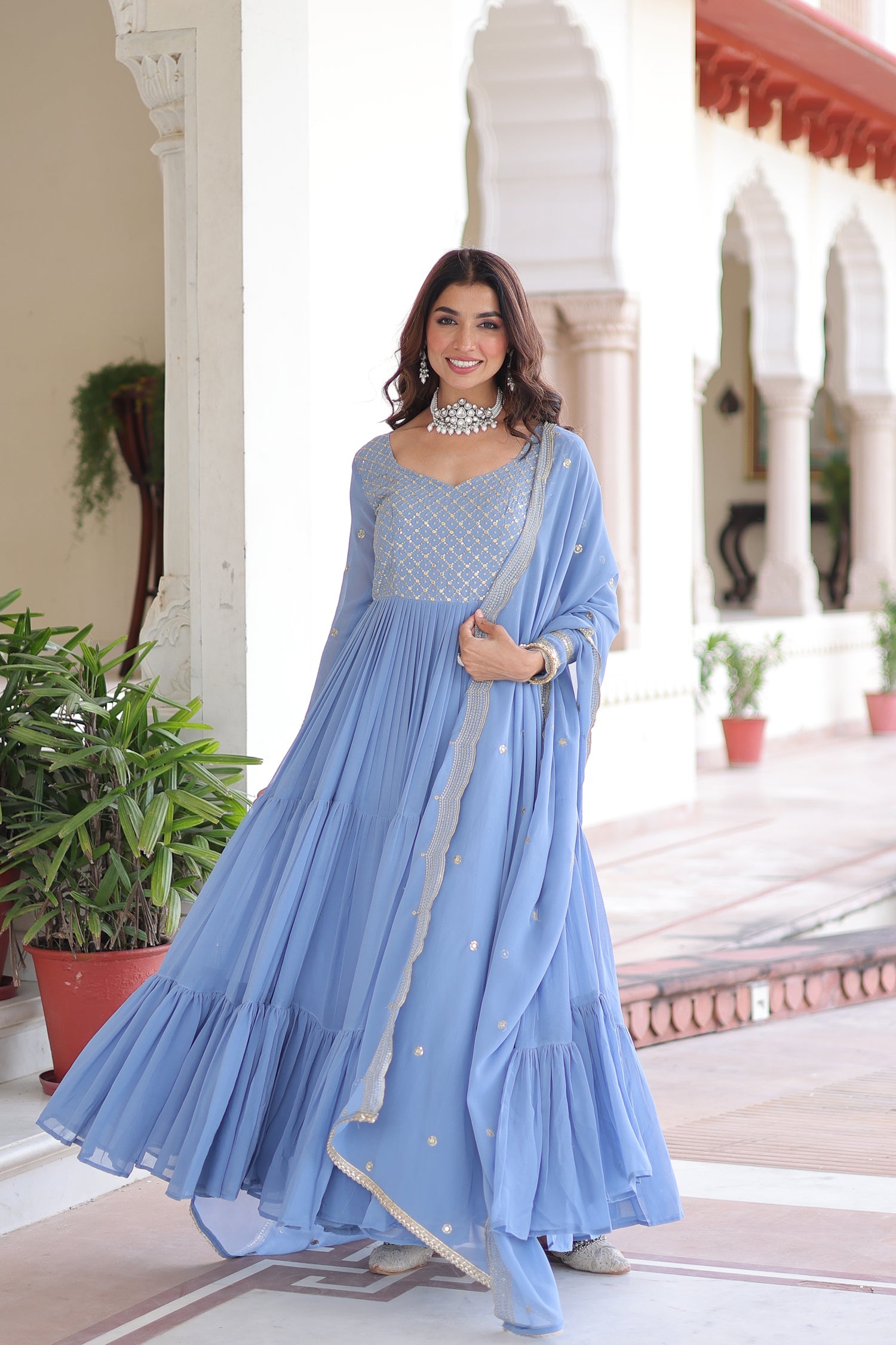 Lorenvalley Fashion Skyblue Faux Georgette with Zari & Sequins Embroidered Work Anarkali Gown with Dupatta