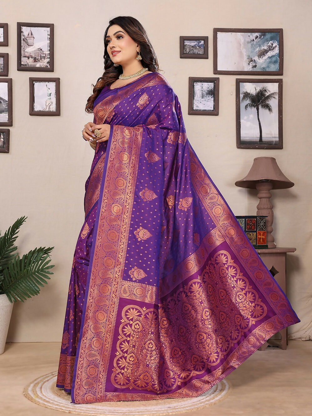 Purple Banarasi Woven Soft Silk Saree with Matching Blouse